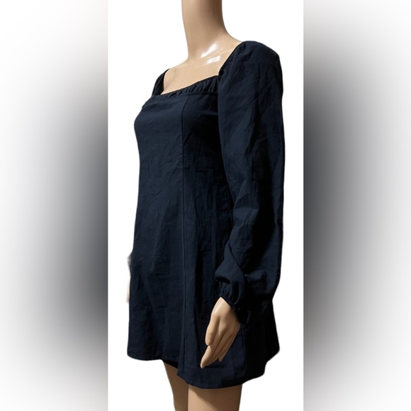 Free People A-line Linen Mini Dress Long Balloon Sleeves Black Small NWoT - Picture 3 of 11